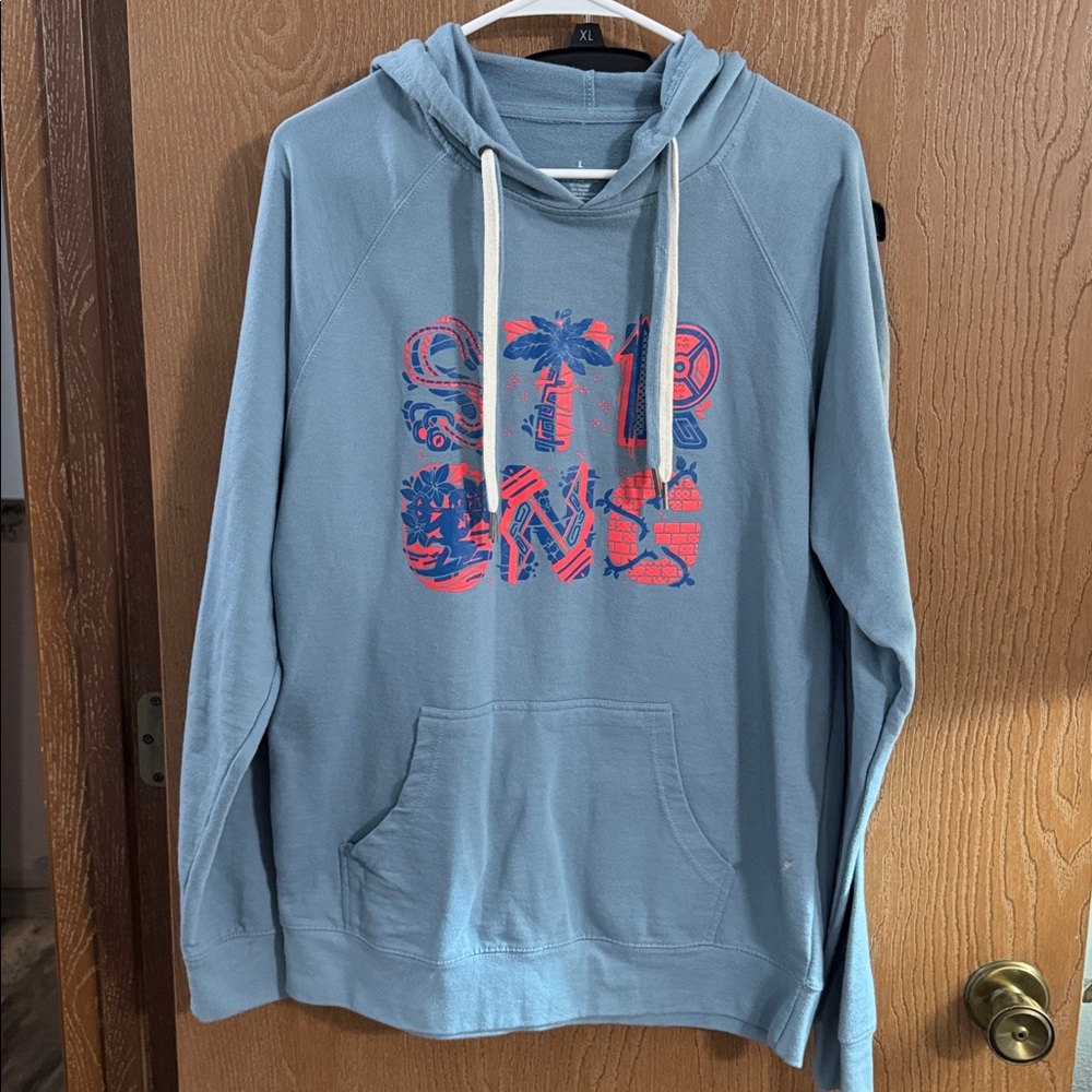 Barbella box shoodie sweatshirt Large light blue with “STRONG” design on front